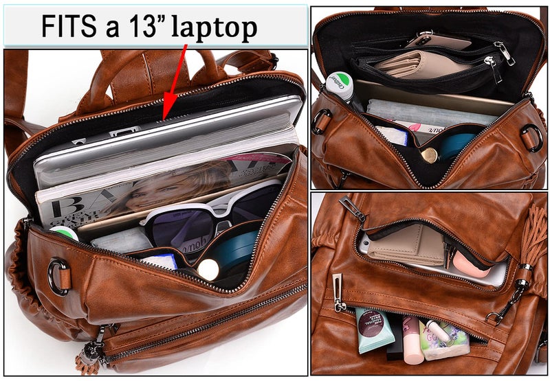 UTO حقيبة ظهر نسائية من UTO مصنوعة من جلد PU الشمعي، حقيبة سفر مصممة للأزياء مع زخرفة من السلاسل باللون البني - Image 4